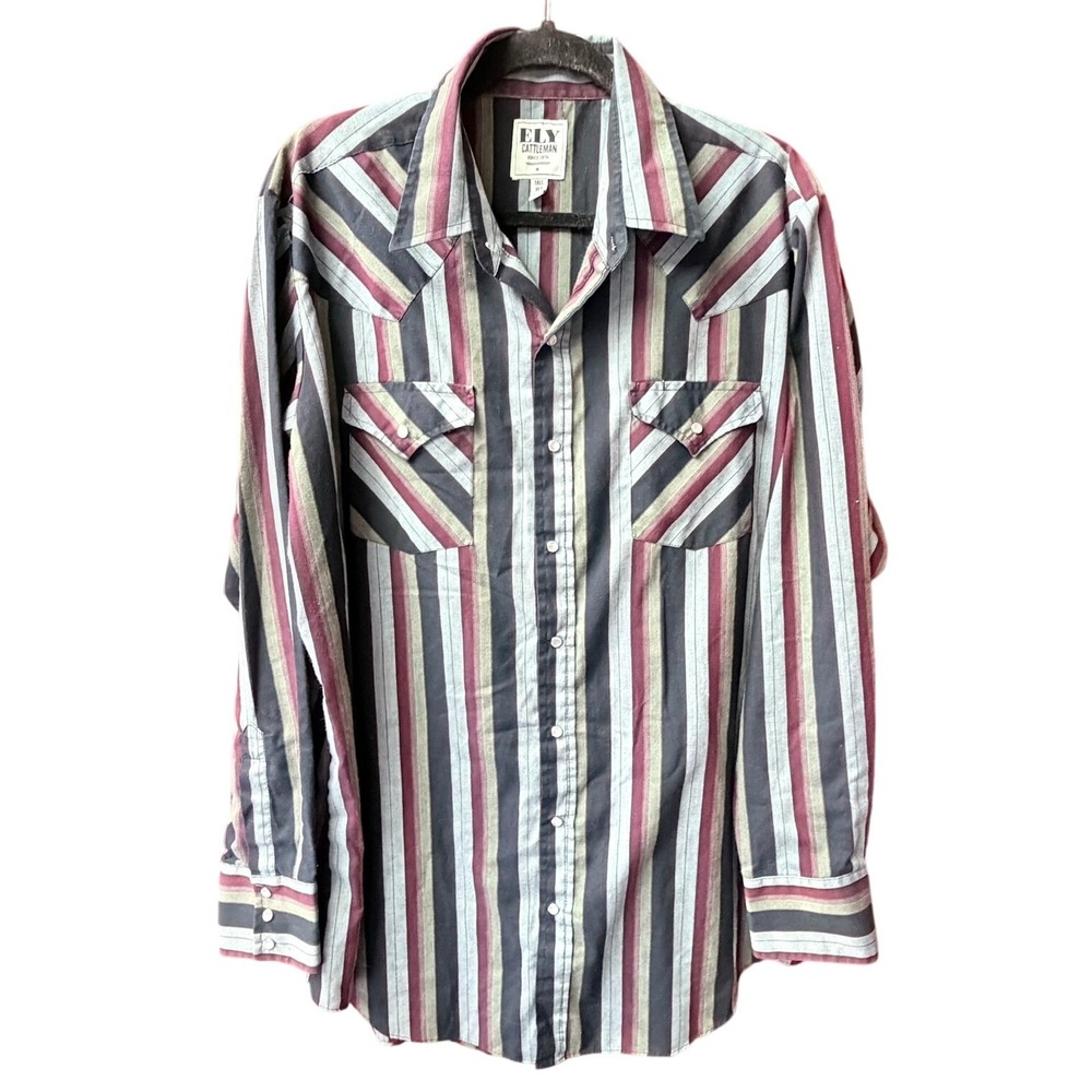 Ely Cattleman Western Shirt Mens XLT Multicolor Striped‎ Pearl Snap Long Sleeve